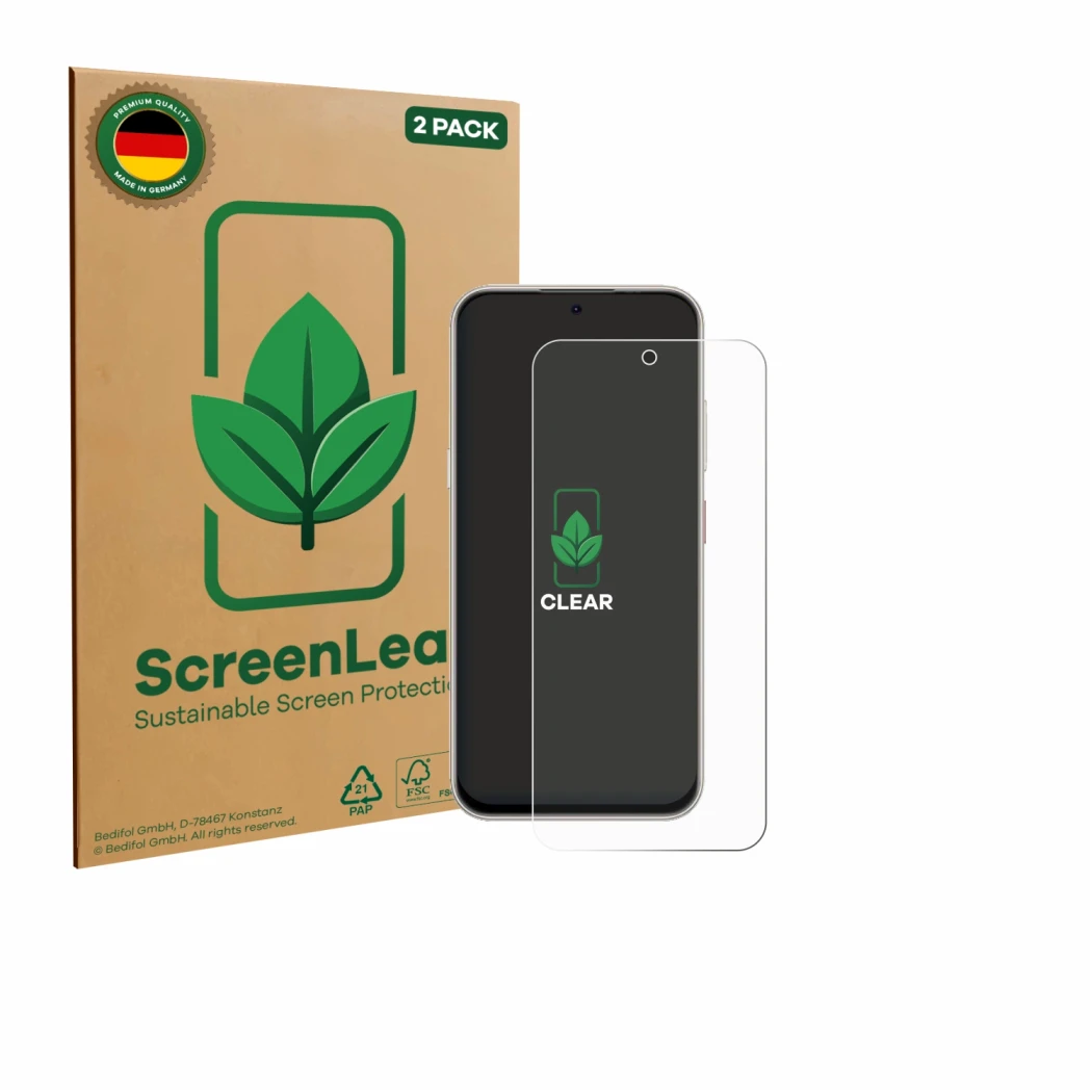 Front side of a product packaging with the brand logo ScreenLeaf. Next to it is the device Nubia V80 Pro shown with the corres