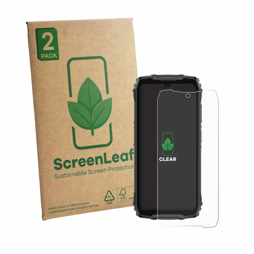 Front side of a product packaging with the brand logo ScreenLeaf. Next to it is the device Ulefone RugKing 4 Pro shown with th