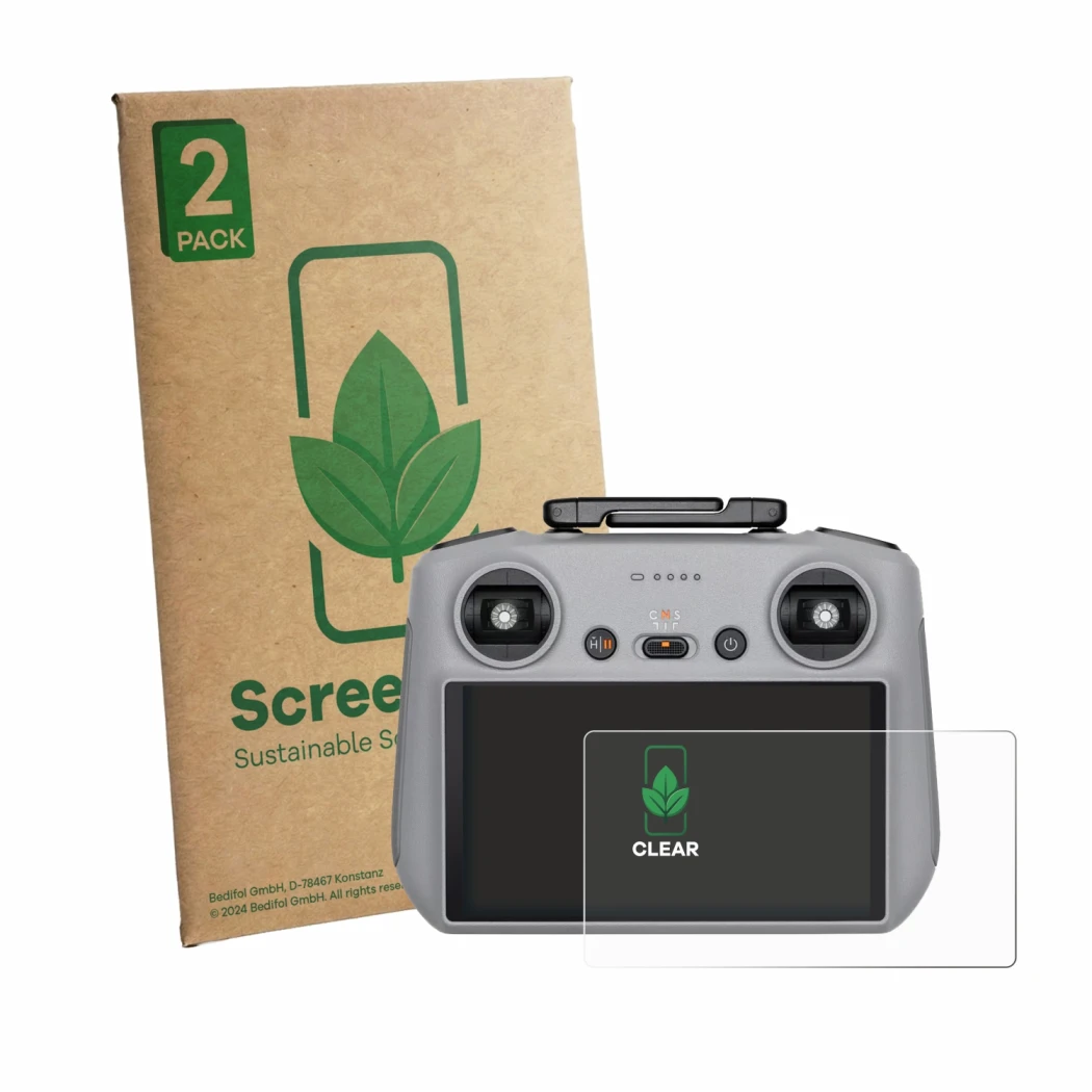 Front side of a product packaging with the brand logo ScreenLeaf. Next to it is the device DJI RC 2 2025 shown with the corres
