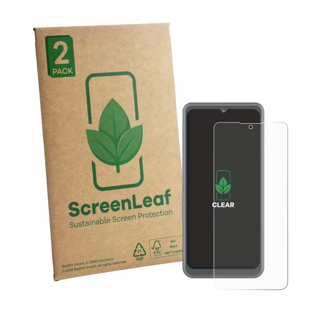 Front side of a product packaging with the brand logo ScreenLeaf. Next to it is the device Sonim XP Pro Thermal shown with the