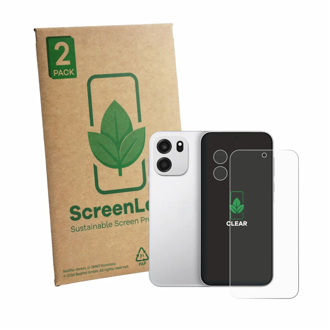 Front side of a product packaging with the brand logo ScreenLeaf. Next to it is the device OnePlus Turbo 6V (Front+Camera) sho