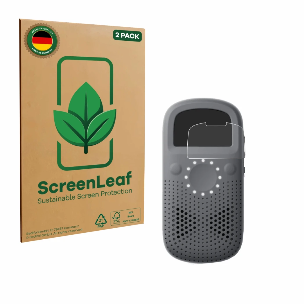 Front side of a product packaging with the brand logo ScreenLeaf. Next to it is the device Relay X shown with the correspondin