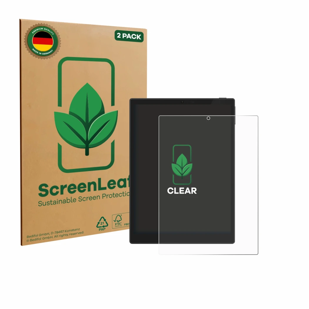 Front side of a product packaging with the brand logo ScreenLeaf. Next to it is the device Hannspree Lumo 7.8 shown with the c