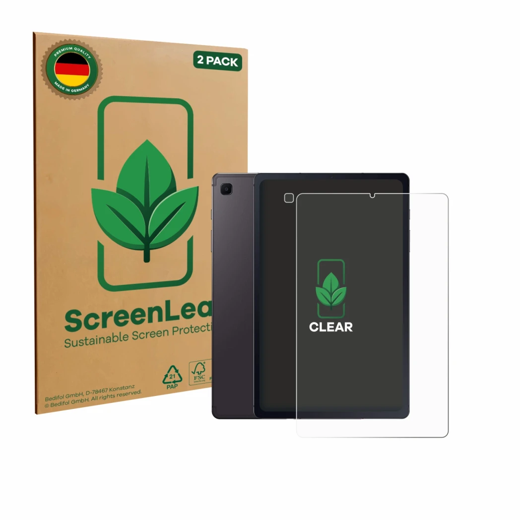 Front side of a product packaging with the brand logo ScreenLeaf. Next to it is the device Samsung Galaxy Tab S6 Lite 2020 (Fr