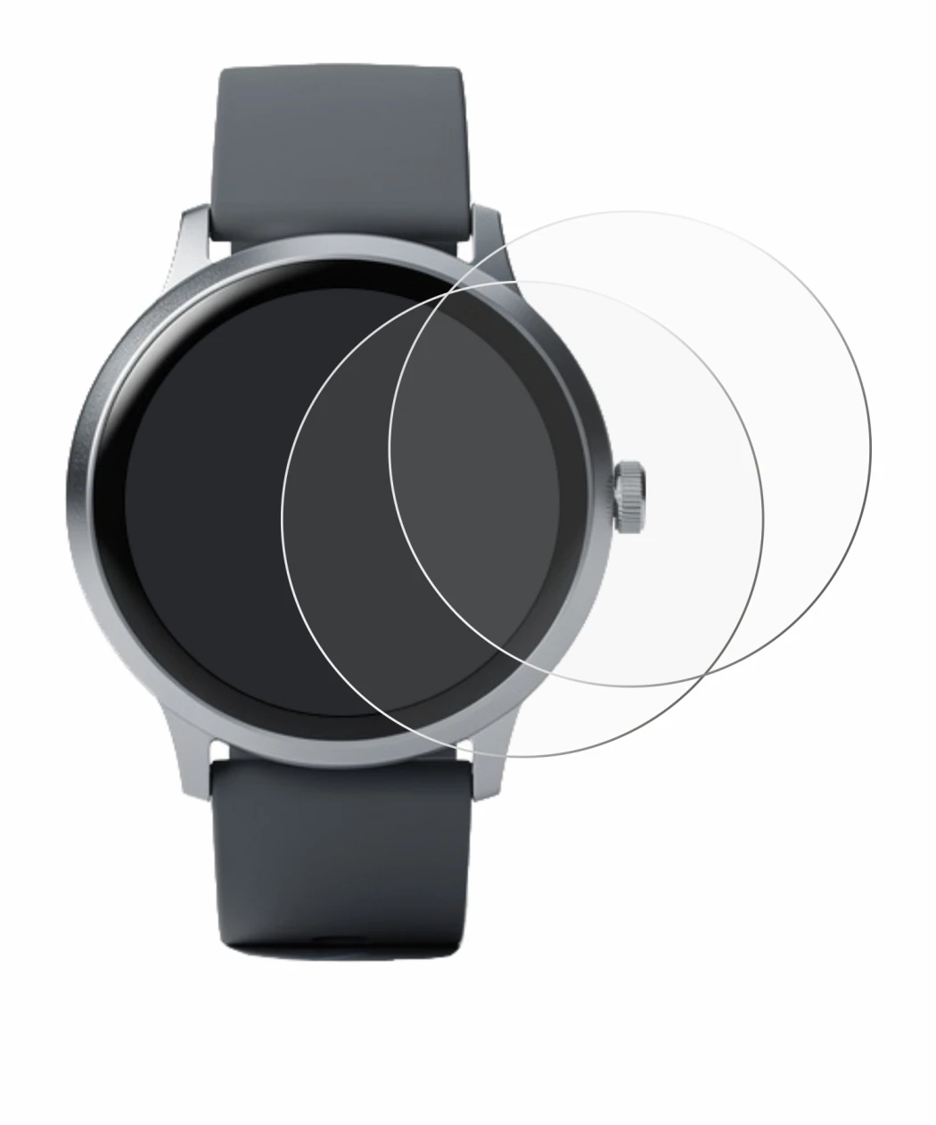 Image of the device Pebble Round 2 with a wide variety of screen protectors.