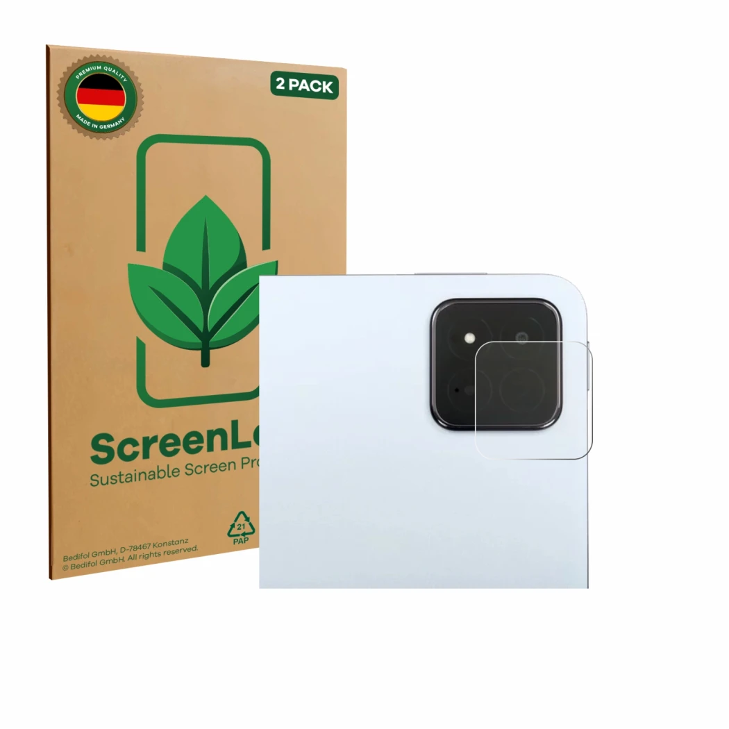 Front side of a product packaging with the brand logo ScreenLeaf. Next to it is the device Xiaomi Pad 7 Pro (ONLY Camera Lens)