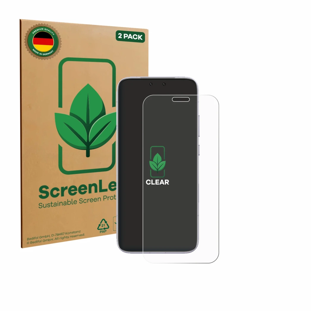 Front side of a product packaging with the brand logo ScreenLeaf. Next to it is the device Honor Magic 8 RSR Porsche Design sh