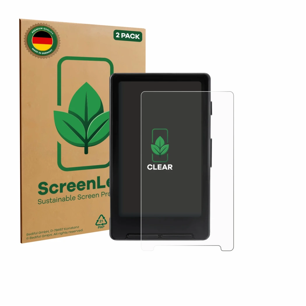 Front side of a product packaging with the brand logo ScreenLeaf. Next to it is the device Xteink X4 shown with the correspond