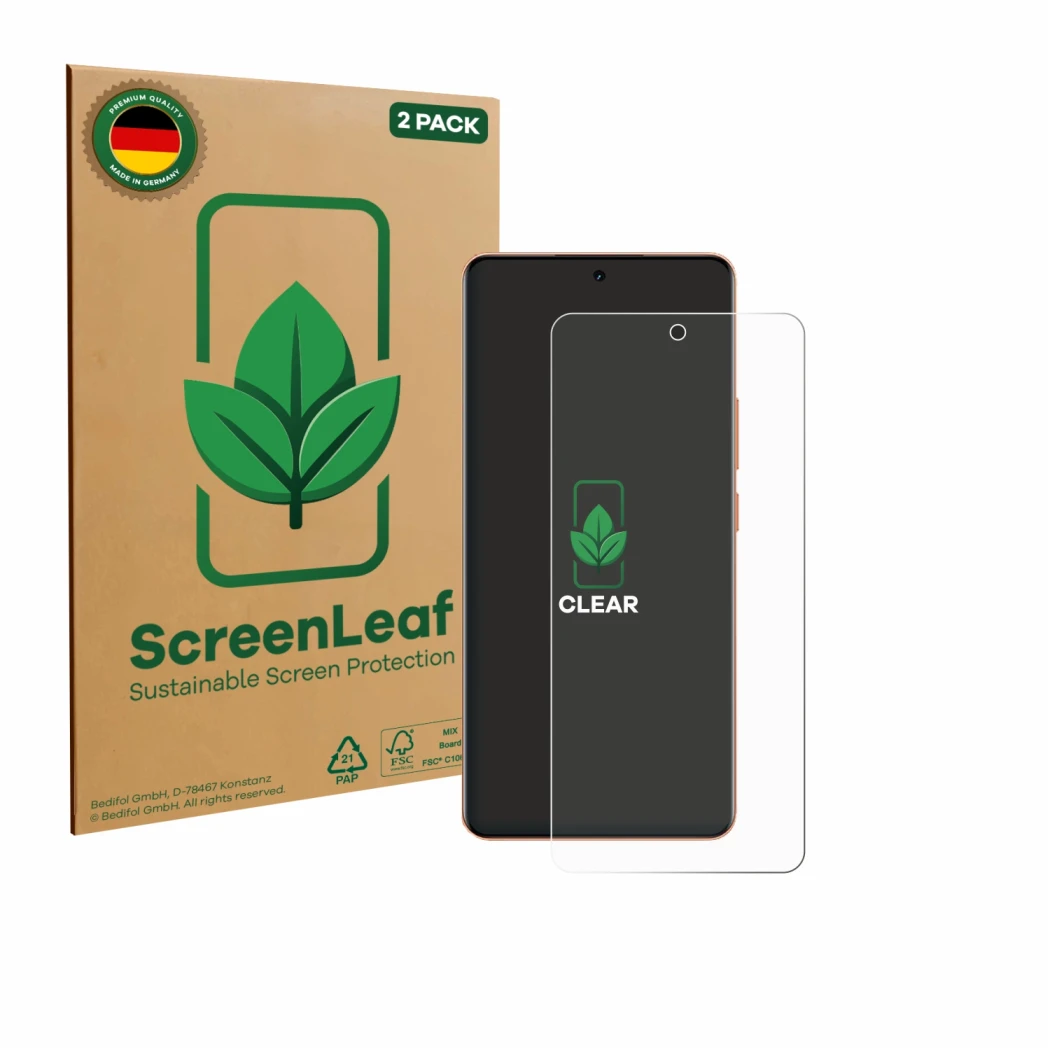 Front side of a product packaging with the brand logo ScreenLeaf. Next to it is the device realme P4 Pro 5G shown with the cor