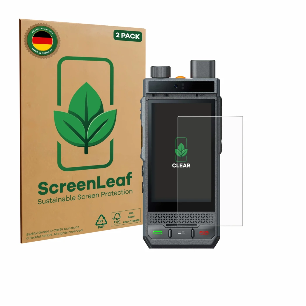 Front side of a product packaging with the brand logo ScreenLeaf. Next to it is the device Hytera P60 shown with the correspon