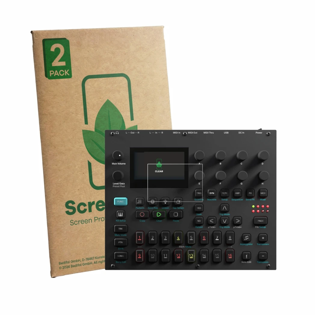Front side of a product packaging with the brand logo ScreenLeaf. Next to it is the device Elektron Digitone II shown with the