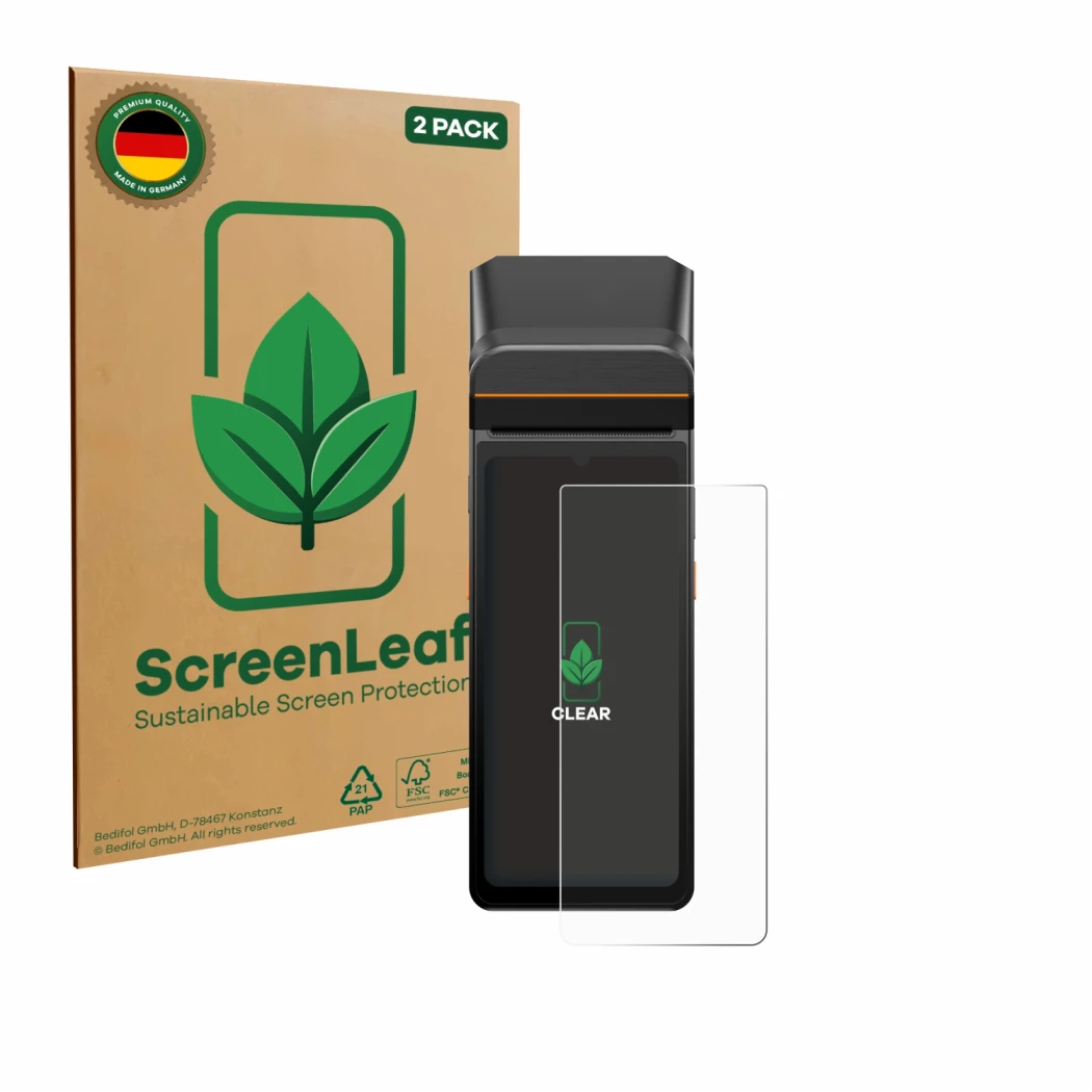 Front side of a product packaging with the brand logo ScreenLeaf. Next to it is the device Sunmi V3 A13 shown with the corresp