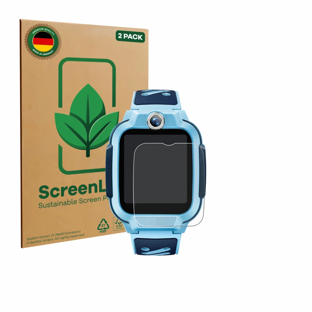 Front side of a product packaging with the brand logo ScreenLeaf. Next to it is the device Imoo Watch Phone Z3 shown with the 