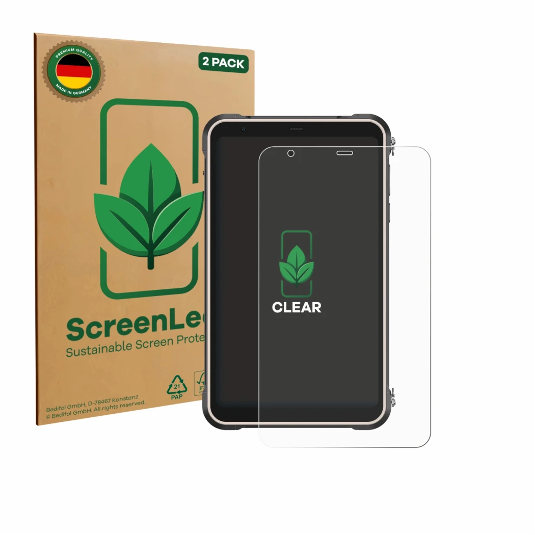 Front side of a product packaging with the brand logo ScreenLeaf. Next to it is the device Ulefone RugKing Pad Pro shown with 