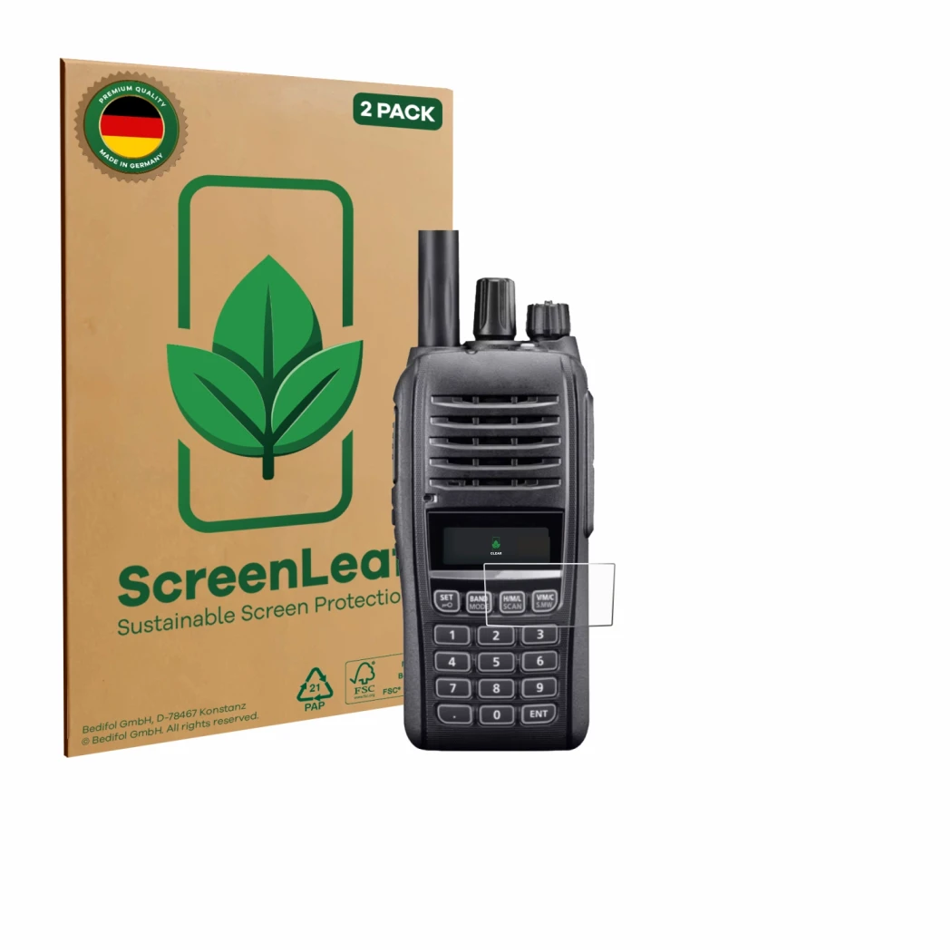 Front side of a product packaging with the brand logo ScreenLeaf. Next to it is the device Icom IC-T10 shown with the correspo