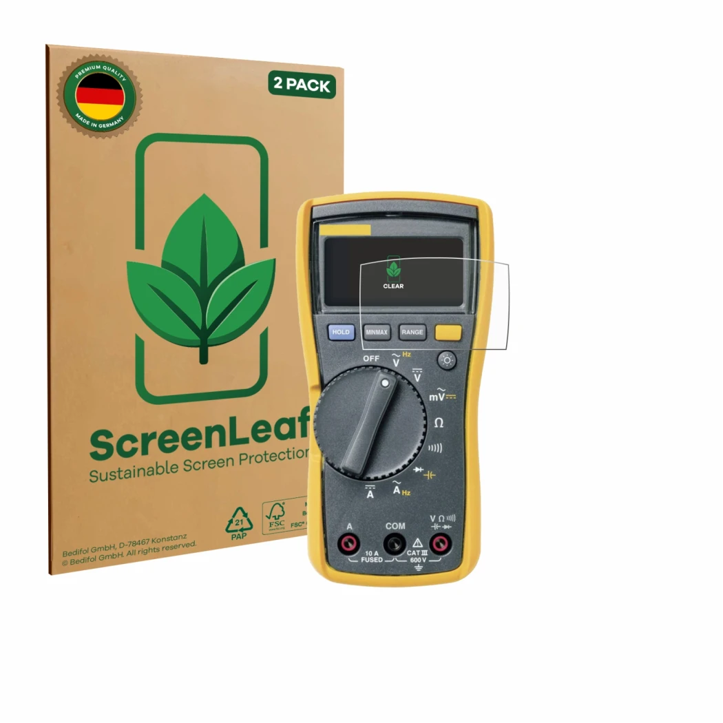 Front side of a product packaging with the brand logo ScreenLeaf. Next to it is the device Fluke MultiMeter 113 shown with the