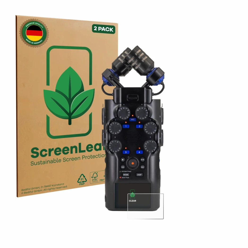 Front side of a product packaging with the brand logo ScreenLeaf. Next to it is the device Zoom H6 studio shown with the corre