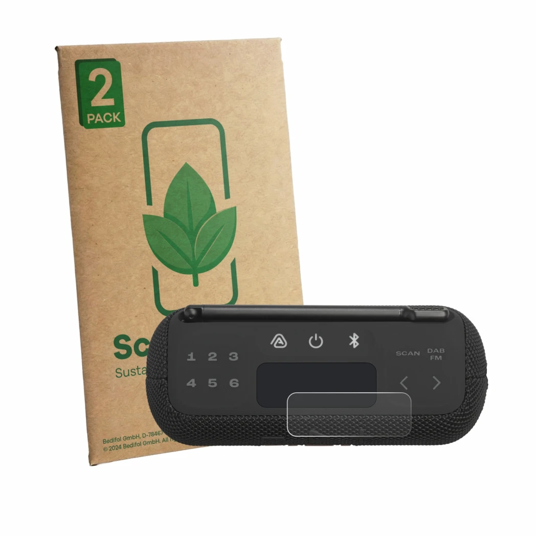 Front side of a product packaging with the brand logo ScreenLeaf. Next to it is the device JBL Tuner 3 shown with the correspo