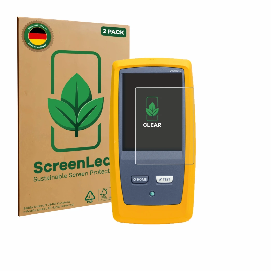 Front side of a product packaging with the brand logo ScreenLeaf. Next to it is the device Fluke DSX8000 shown with the corres