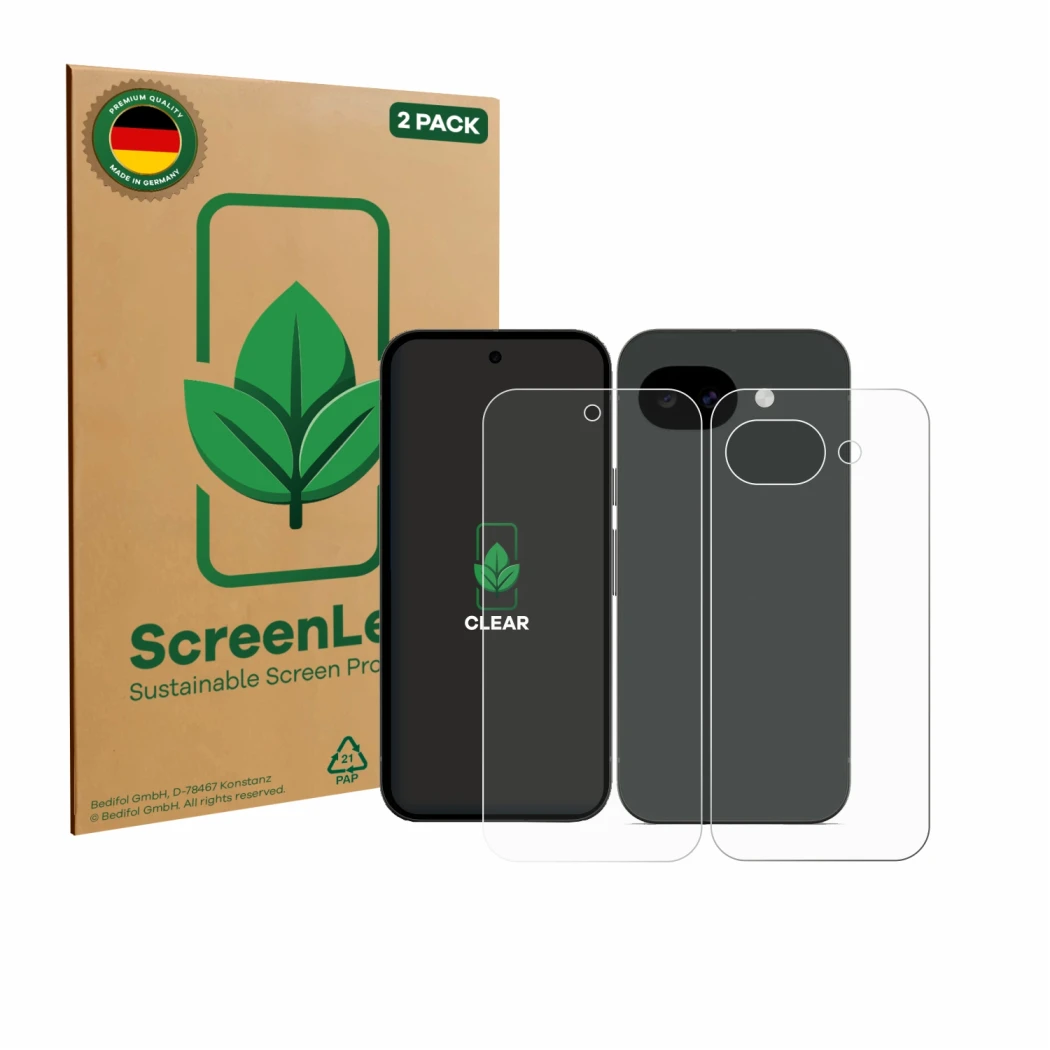 Front side of a product packaging with the brand logo ScreenLeaf. Next to it is the device Google Pixel 10a (Front+Back) shown