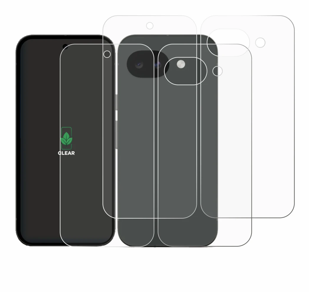 Image of the device Google Pixel 10a (Front+Back) with a wide variety of screen protectors.