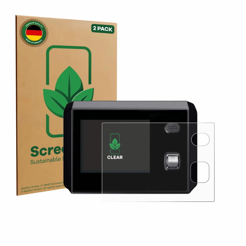 Front side of a product packaging with the brand logo ScreenLeaf. Next to it is the device SkyRC MC5000 shown with the corresp