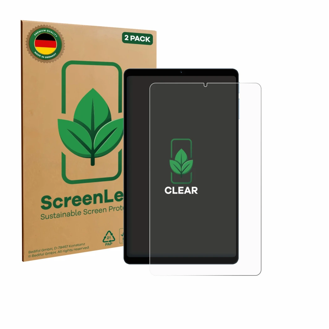 Front side of a product packaging with the brand logo ScreenLeaf. Next to it is the device Teclast T50 Mini shown with the cor