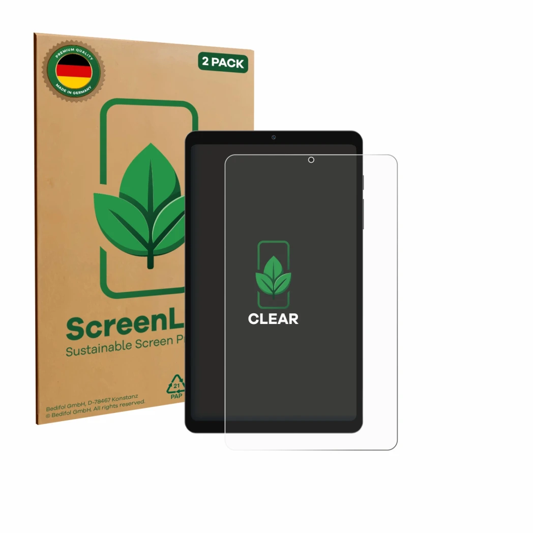 Front side of a product packaging with the brand logo ScreenLeaf. Next to it is the device Blackview Link 2 8.68