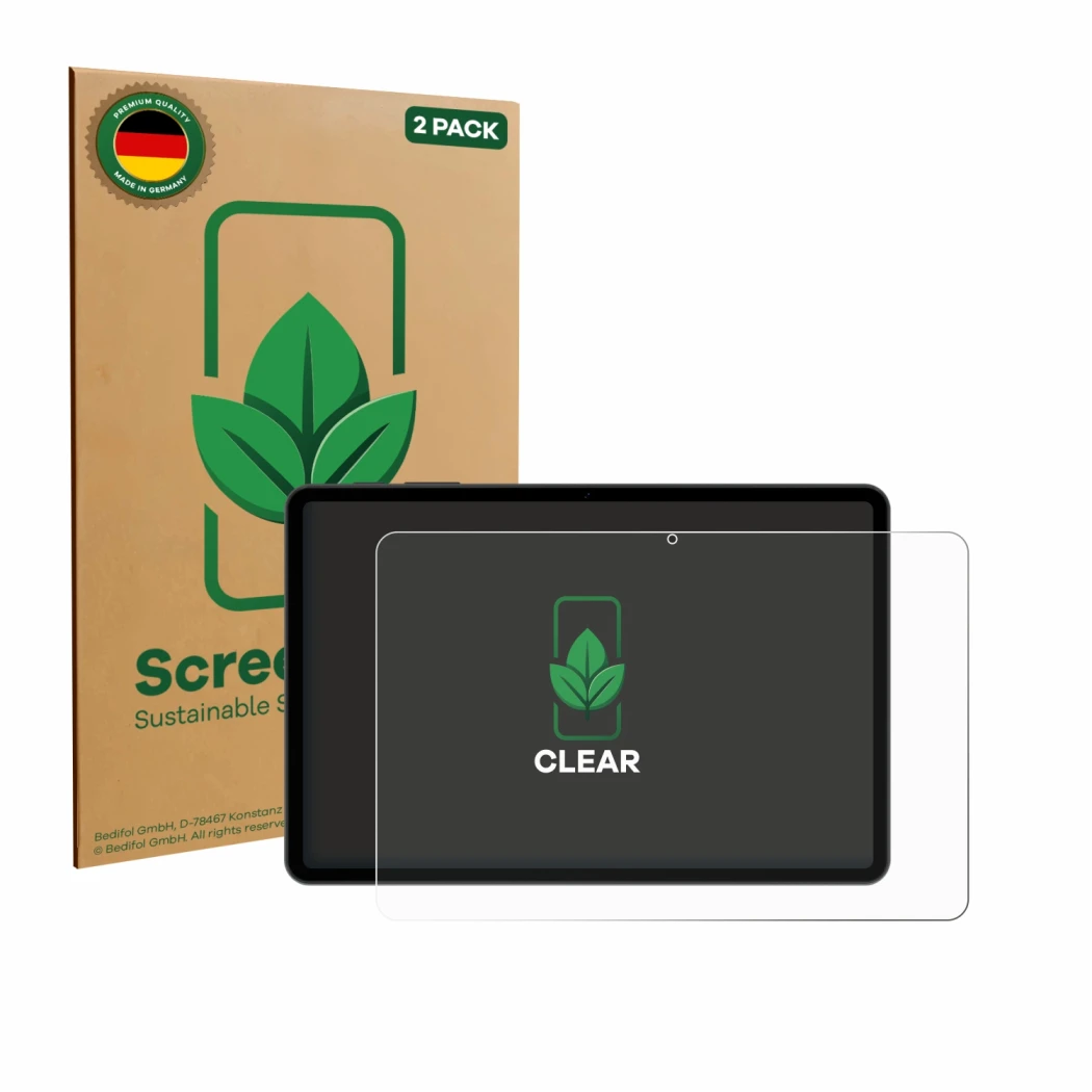 Front side of a product packaging with the brand logo ScreenLeaf. Next to it is the device Doogee Tab A9 Pro shown with the co