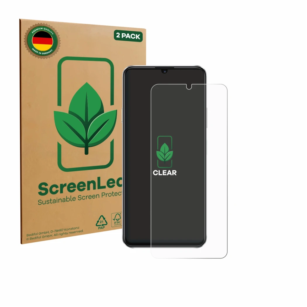 Front side of a product packaging with the brand logo ScreenLeaf. Next to it is the device Huawei Nova Y63 shown with the corr