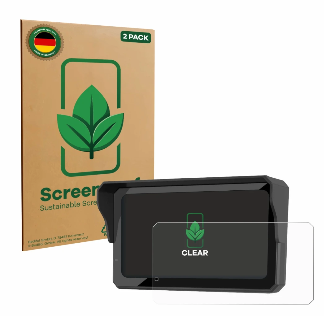 Front side of a product packaging with the brand logo ScreenLeaf. Next to it is the device Carpuride W602BS Pro shown with the