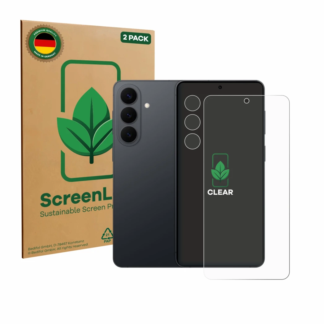 Front side of a product packaging with the brand logo ScreenLeaf. Next to it is the device Samsung Galaxy S26 Plus (Front+Came