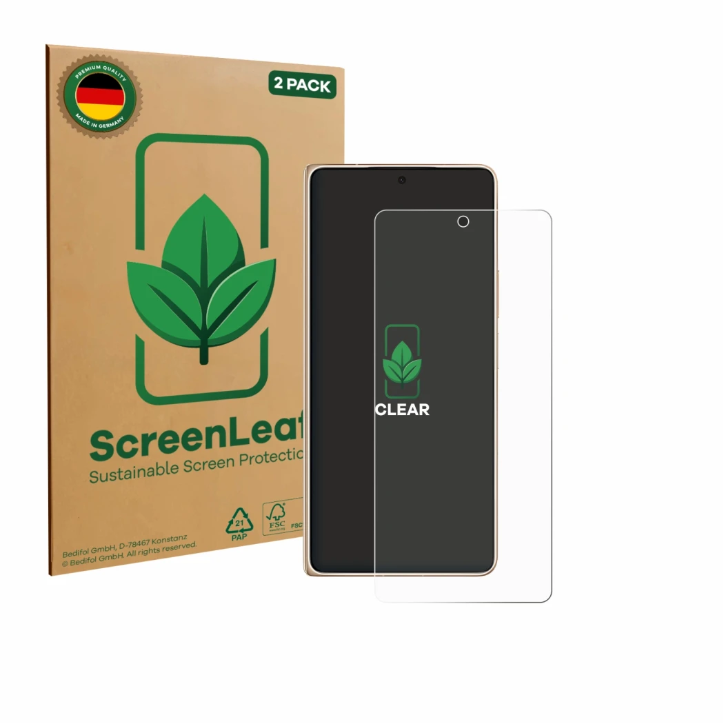 Front side of a product packaging with the brand logo ScreenLeaf. Next to it is the device Honor Magic V6 shown with the corre