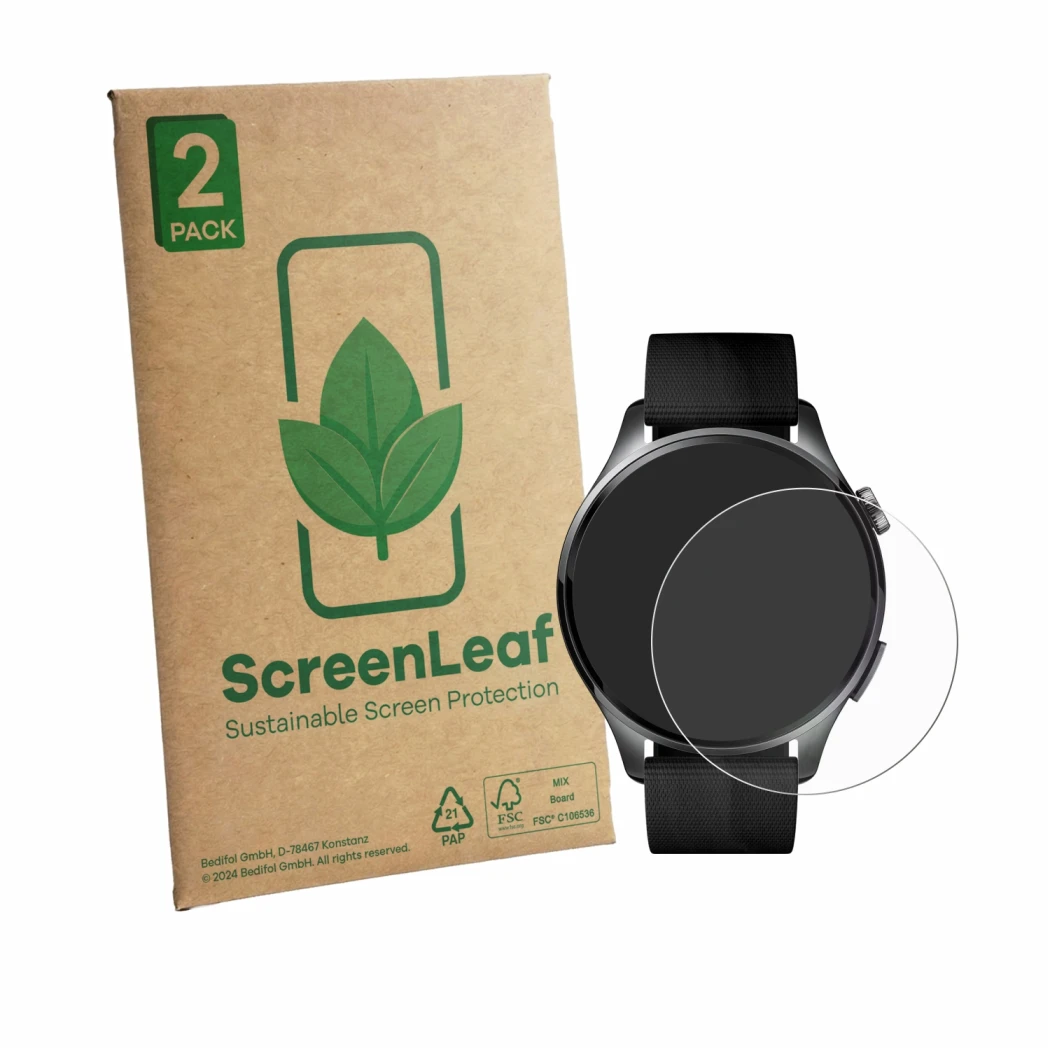 Front side of a product packaging with the brand logo ScreenLeaf. Next to it is the device Xiaomi Watch 5 (47 mm) shown with t