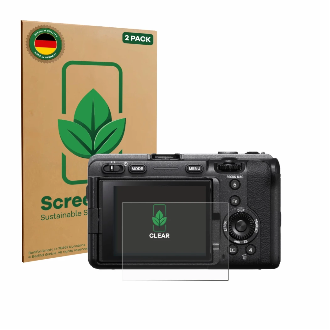 Front side of a product packaging with the brand logo ScreenLeaf. Next to it is the device Sony FX3A (ILME‑FX3A) shown with th