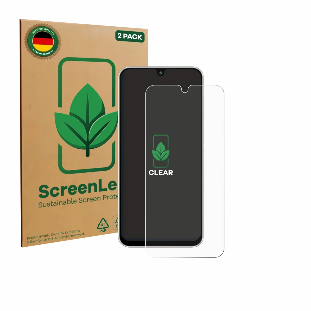Front side of a product packaging with the brand logo ScreenLeaf. Next to it is the device Samsung Galaxy M16 shown with the c