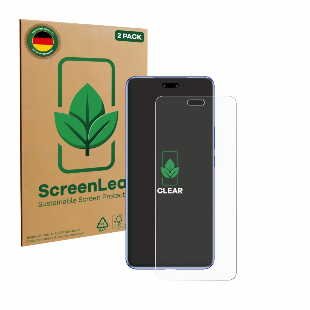 Front side of a product packaging with the brand logo ScreenLeaf. Next to it is the device Huawei Nova 12 Pro shown with the c