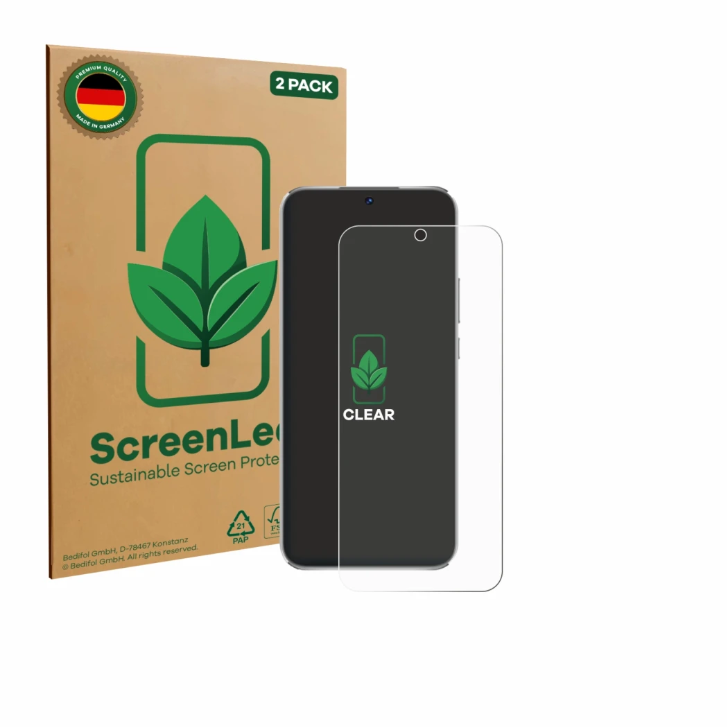 Front side of a product packaging with the brand logo ScreenLeaf. Next to it is the device Huawei Nova 12 Lite shown with the 