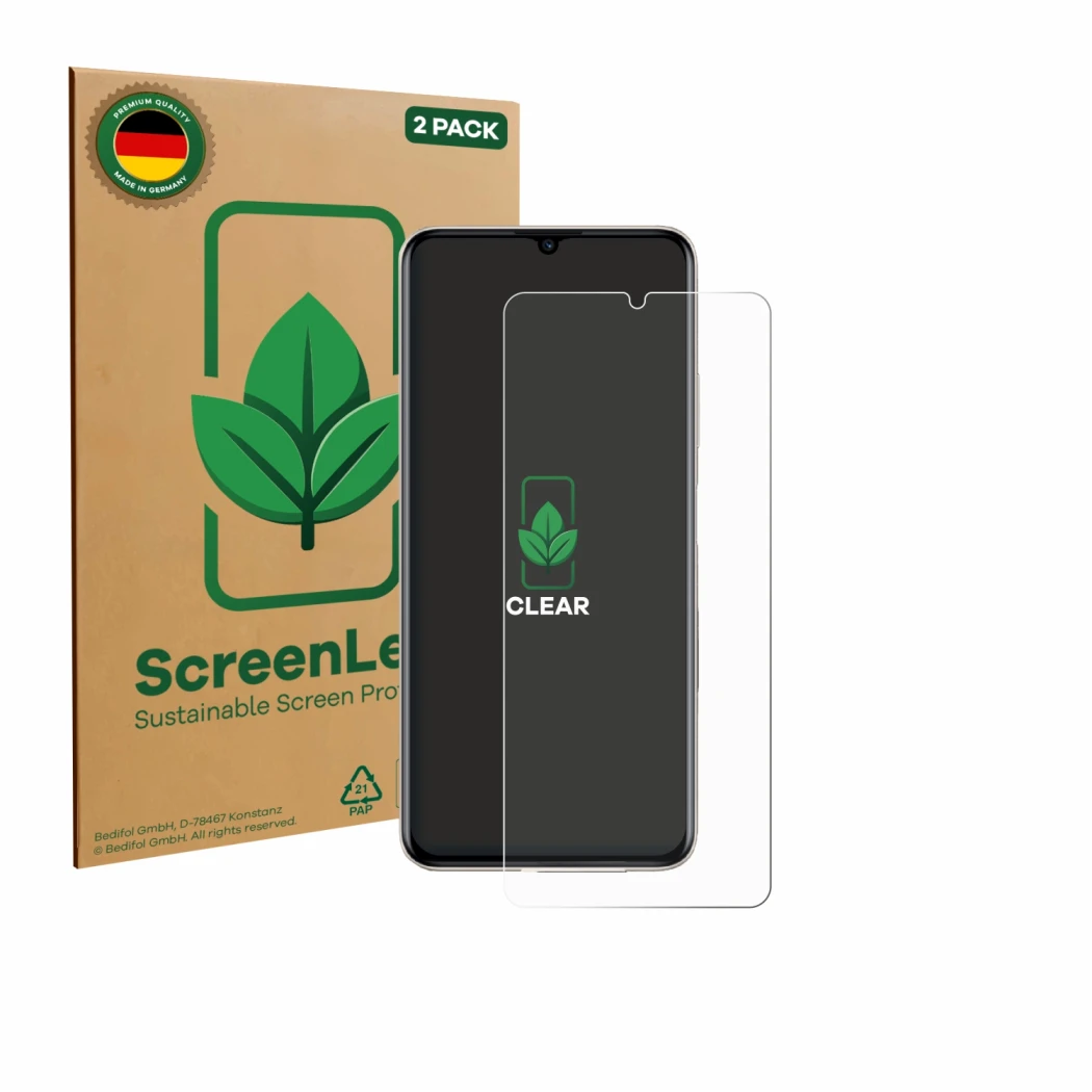 Front side of a product packaging with the brand logo ScreenLeaf. Next to it is the device Huawei Nova Y71 shown with the corr