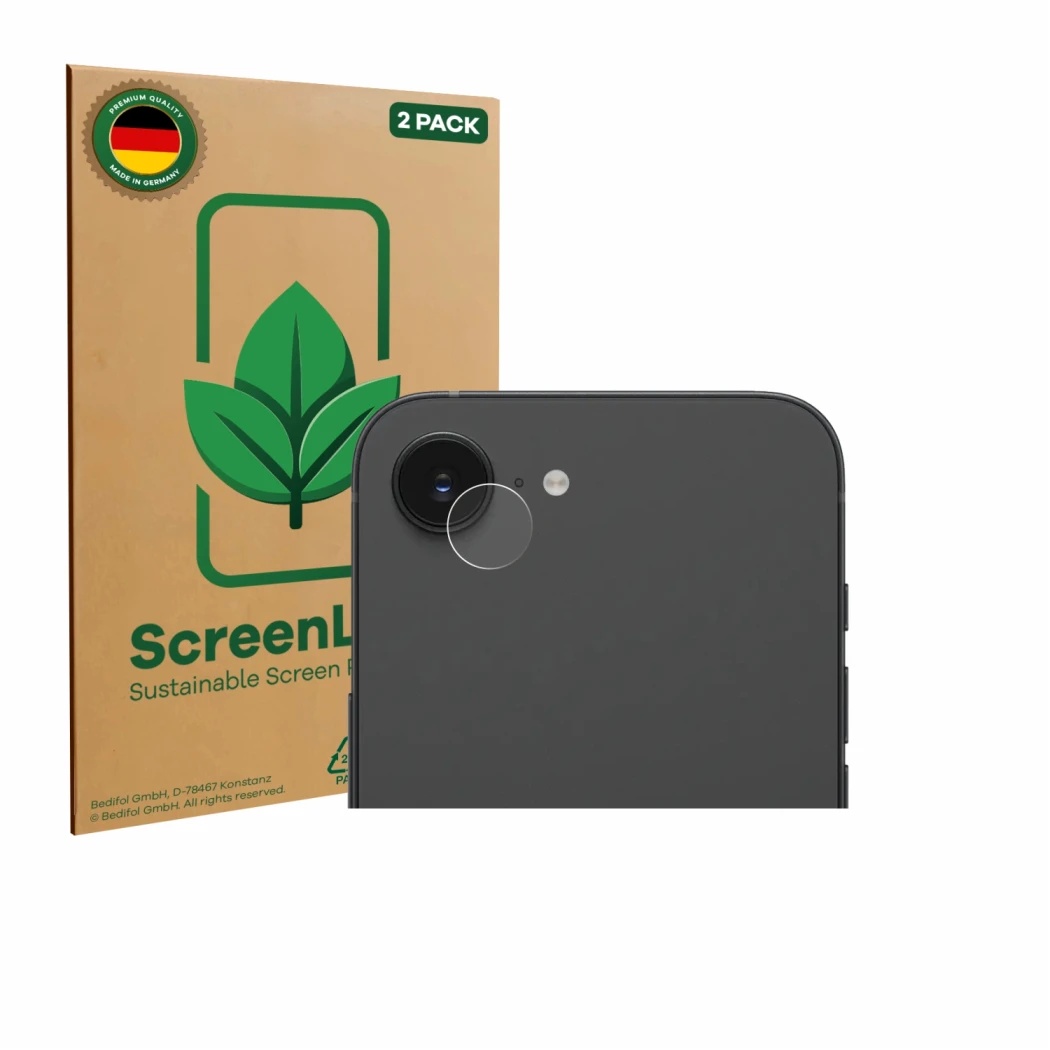 Front side of a product packaging with the brand logo ScreenLeaf. Next to it is the device Apple iPhone 17e (ONLY Camera Lens)
