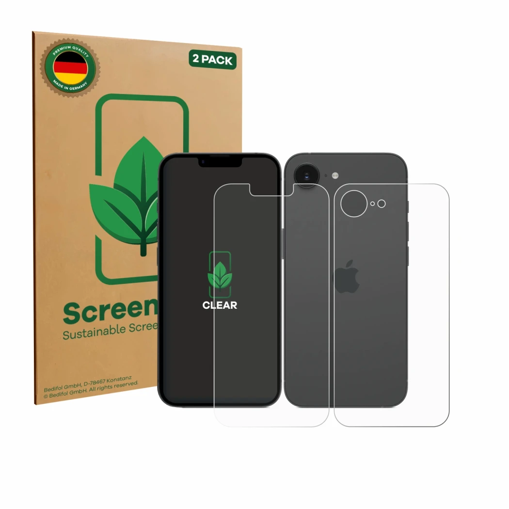 Front side of a product packaging with the brand logo ScreenLeaf. Next to it is the device Apple iPhone 17e (Front+Back) shown