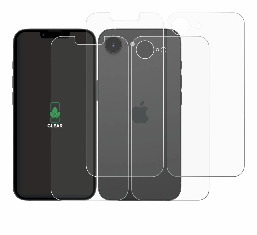 Image of the device Apple iPhone 17e (Front+Back) with a wide variety of screen protectors.