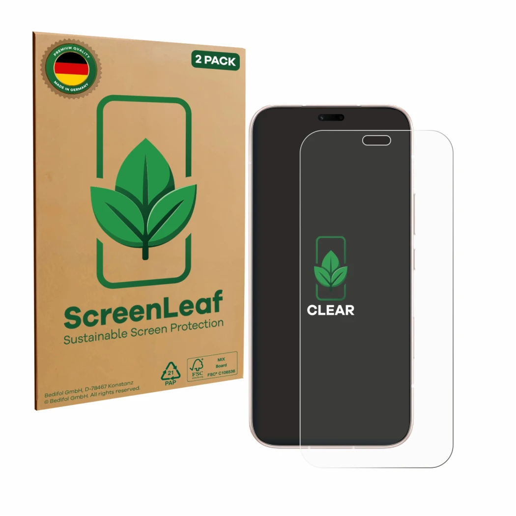 Front side of a product packaging with the brand logo ScreenLeaf. Next to it is the device Honor 600 Lite shown with the corre