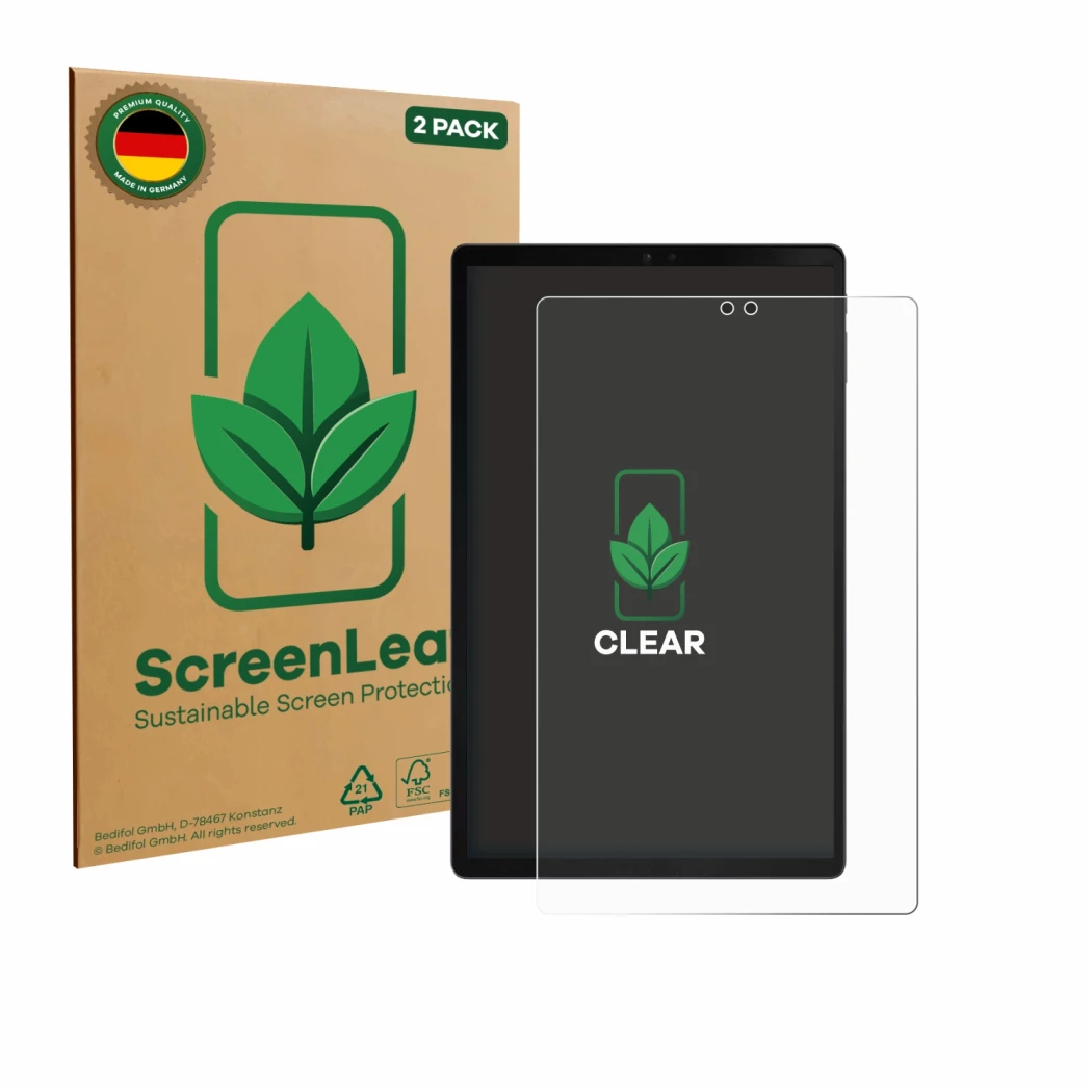 Front side of a product packaging with the brand logo ScreenLeaf. Next to it is the device ZTE Blade X1001 shown with the corr