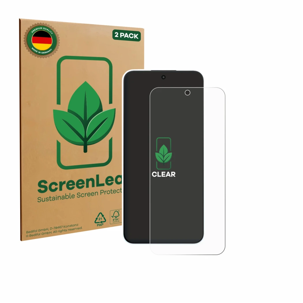 Front side of a product packaging with the brand logo ScreenLeaf. Next to it is the device Oppo A6s Pro shown with the corresp