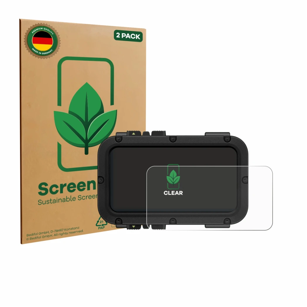 Front side of a product packaging with the brand logo ScreenLeaf. Next to it is the device Suunto Nautic shown with the corres