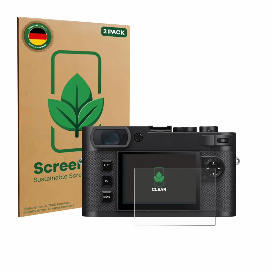 Front side of a product packaging with the brand logo ScreenLeaf. Next to it is the device Leica M EV1 shown with the correspo