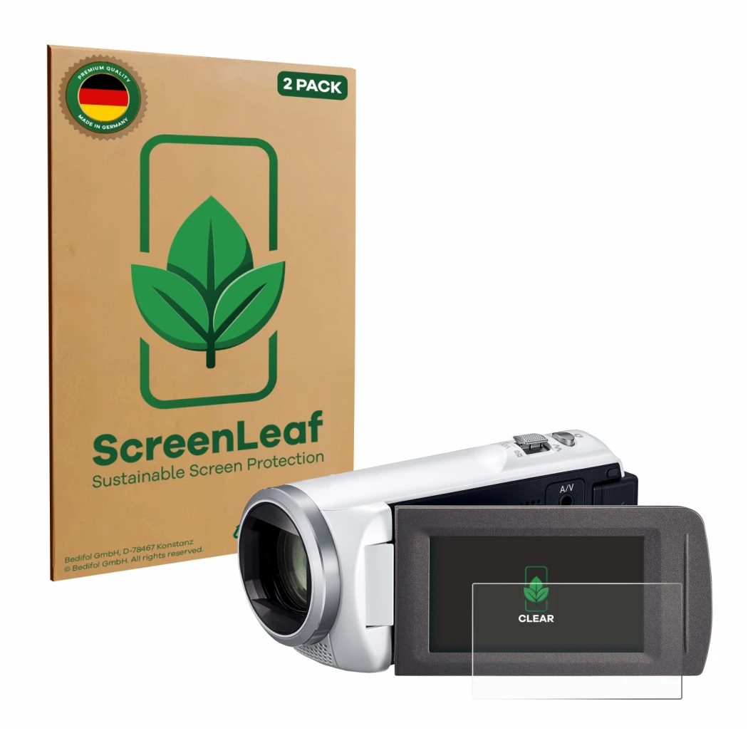 Front side of a product packaging with the brand logo ScreenLeaf. Next to it is the device Panasonic HC-V480MS shown with the 