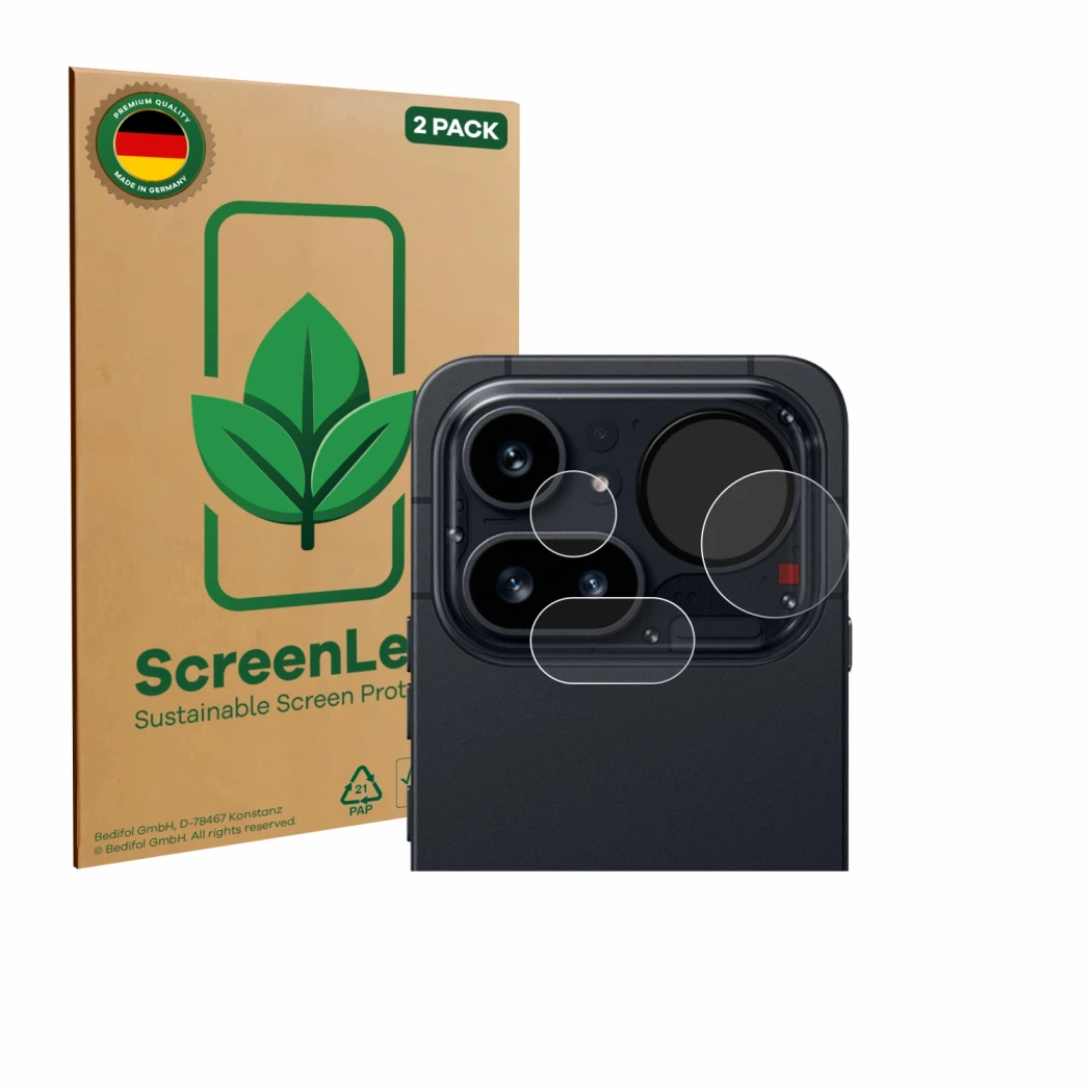 Front side of a product packaging with the brand logo ScreenLeaf. Next to it is the device Nothing Phone (4a) Pro (ONLY Camera