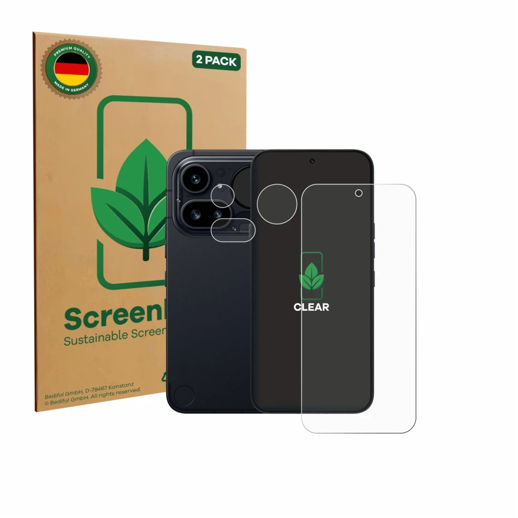 Front side of a product packaging with the brand logo ScreenLeaf. Next to it is the device Nothing Phone (4a) Pro (Front+Camer